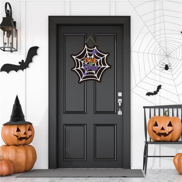 Halloween Spider Web Door Sign Trick or Treat Wooden Hanging Sign - Picture 4 of 8